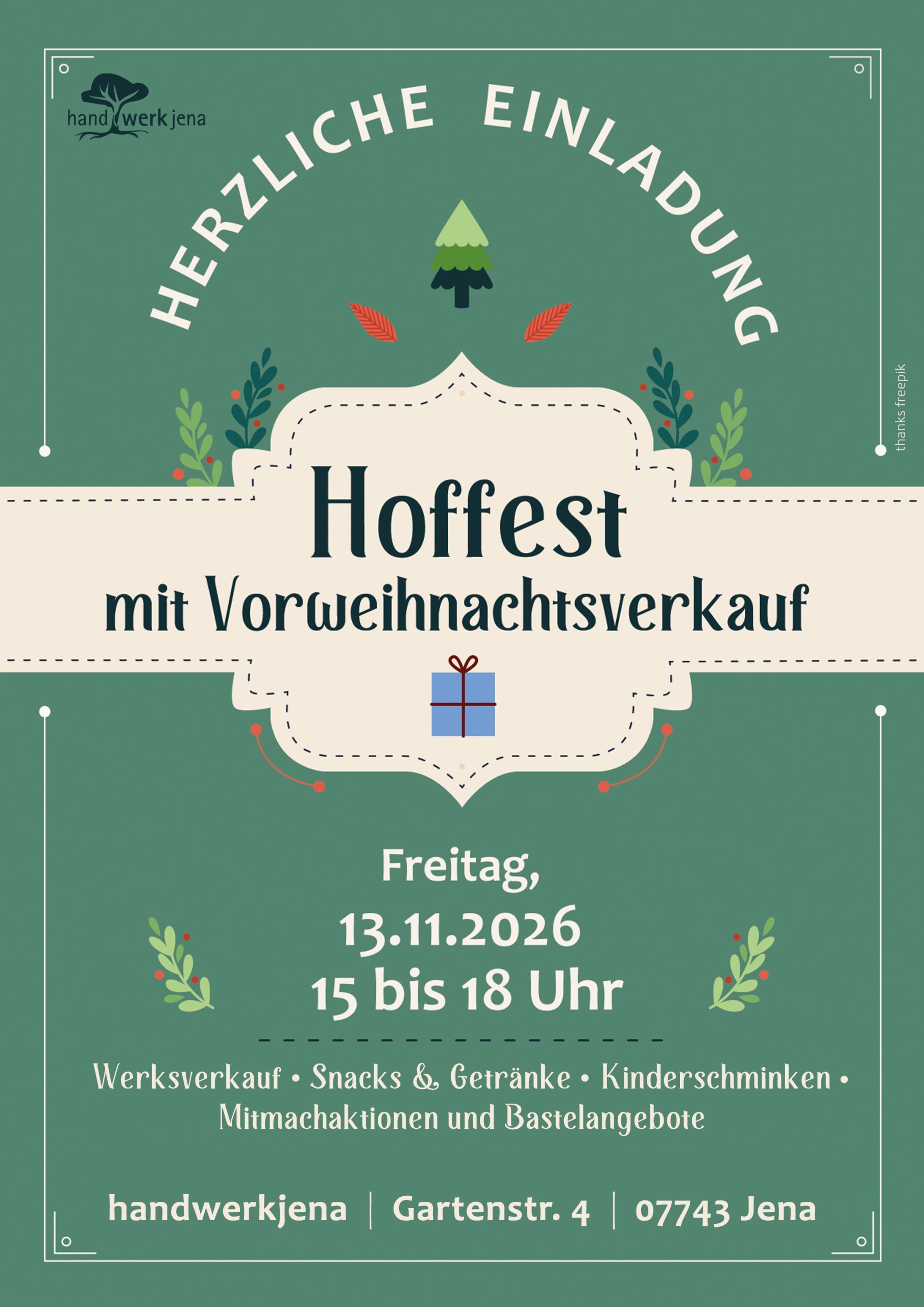 Plakt zum Hoffest mit Vorweihnachtsverkauf des handwerkjena